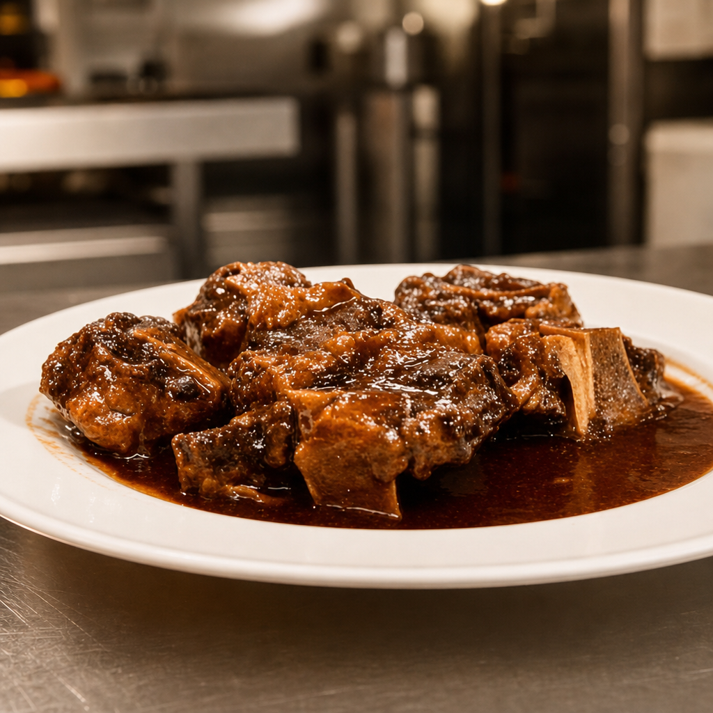 Oxtails Served with White Jasmine Rice Cabbage and Plantains