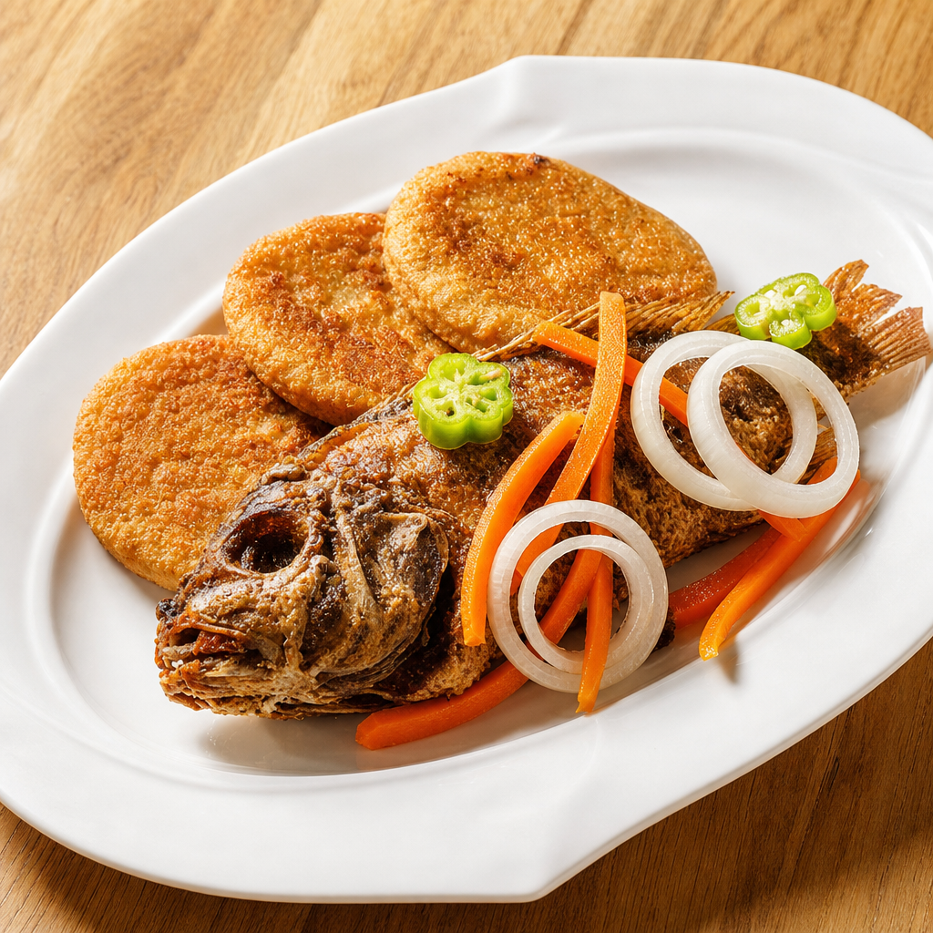 Whole Red Snapper Spicy Spicy Served with Rice & Peas or White Rice Cabbage and Plantains.