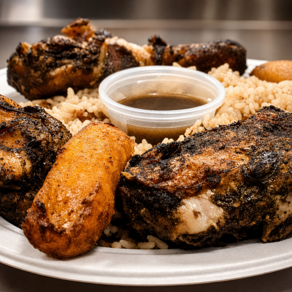 2- Jerk Chicken Served with Jasmine Rice Cabbage and Plantains.