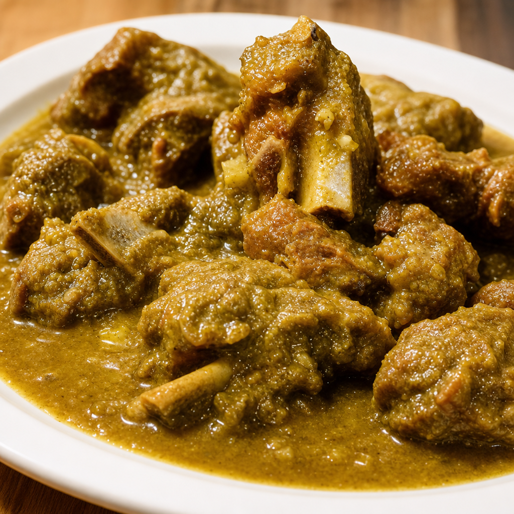 Curry Goat Served with Jasmine Rice, Cabbage and Plantains.