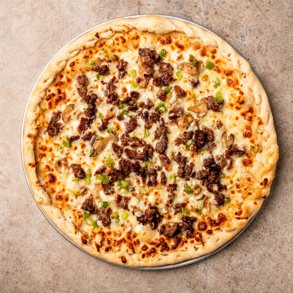 Small Philly Cheese Steak Pizza.