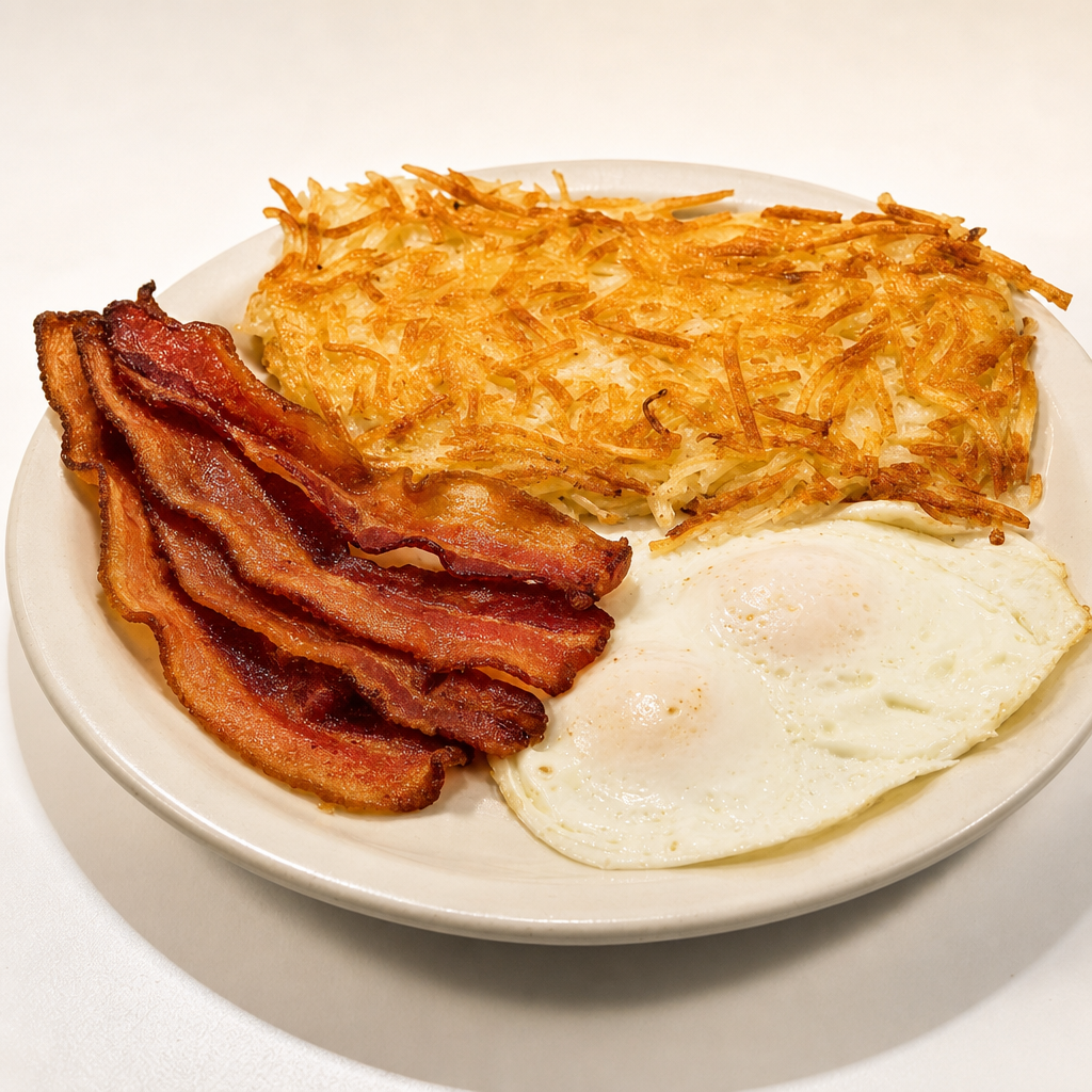 4 Bacon Strips + 2 Eggs.
