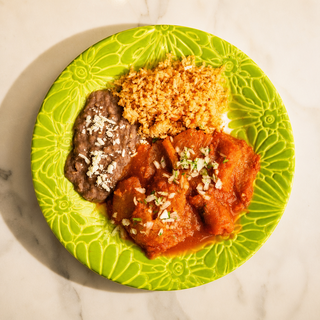 Chicharrón en Salsa Roja O Verde / Red or Green Fried Pork Rind.
