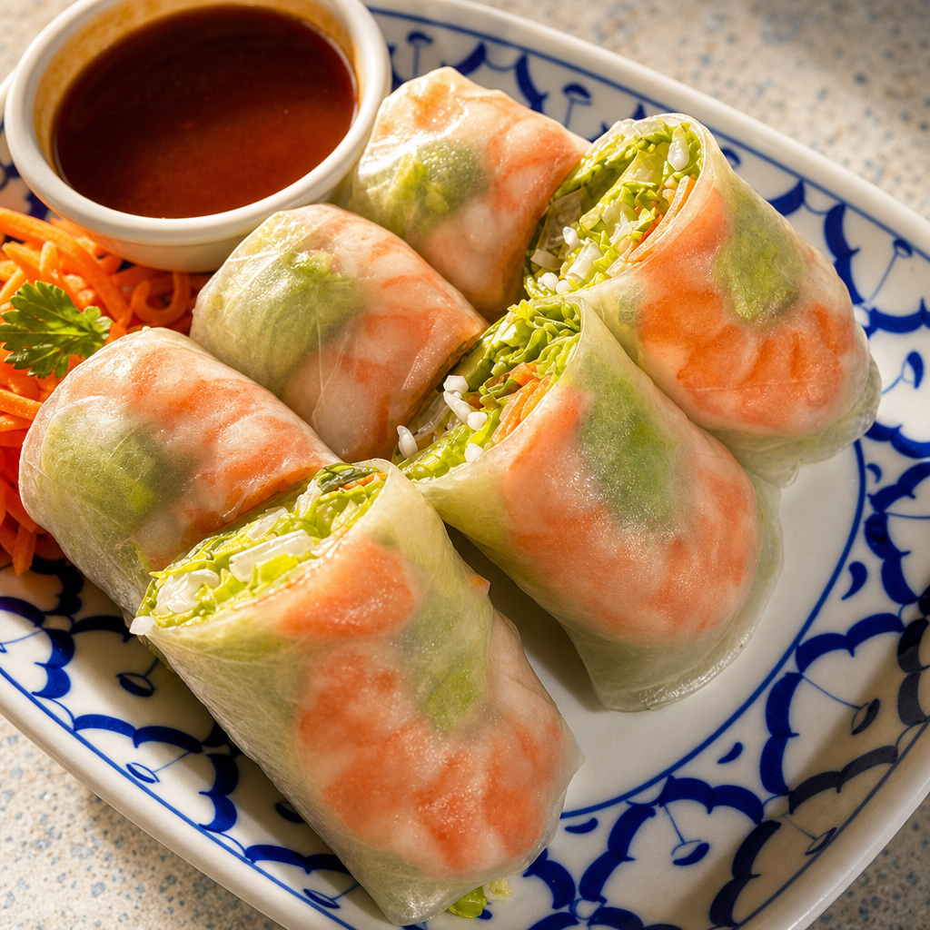 Po-Pia-Sod: Fresh Rolls with Shrimp.