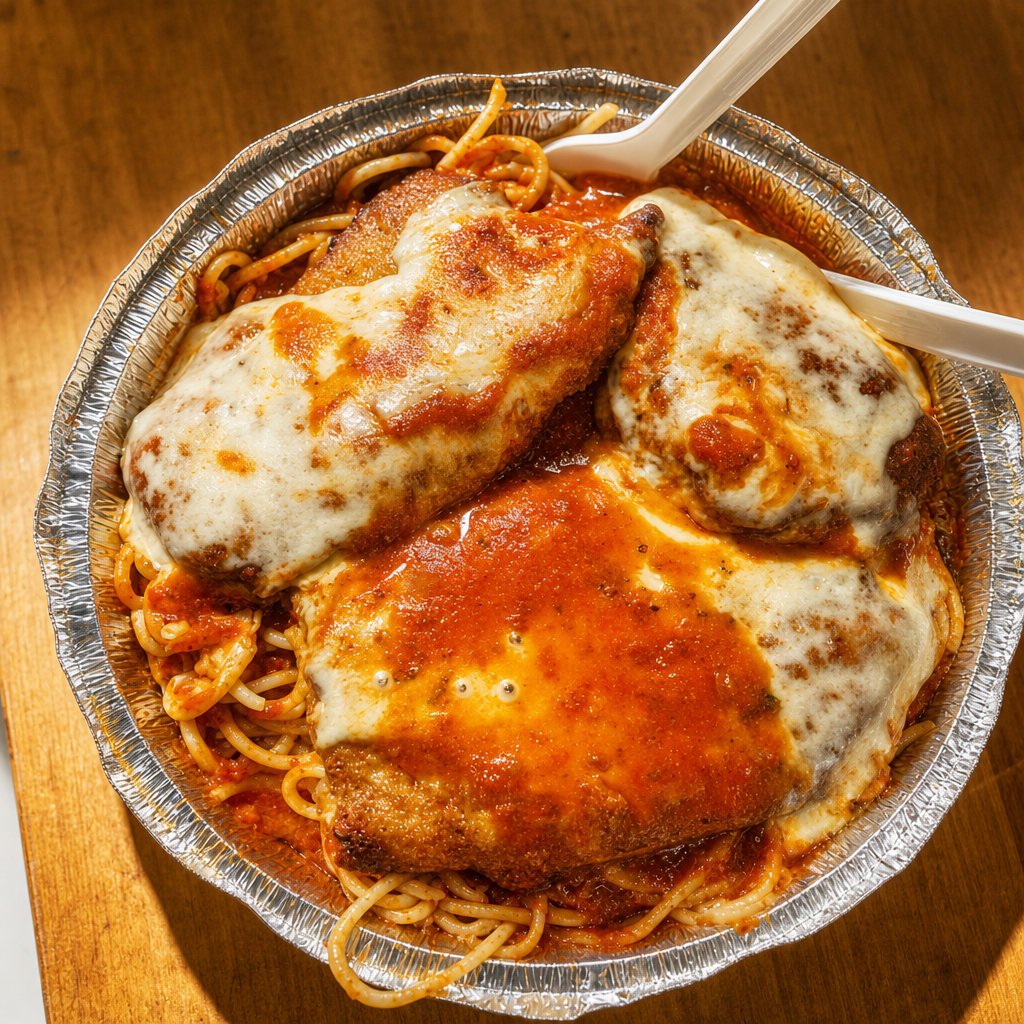 Chicken Parmigiana Over Spaghetti.