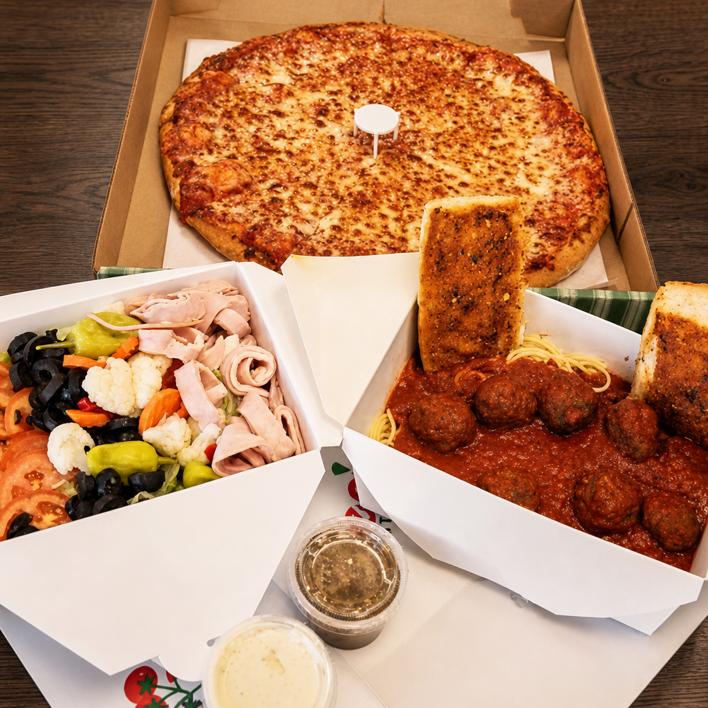 Jumbo Pizza + Bucket of Spaghetti & Meatballs + Bucket of Antipasto Salad.