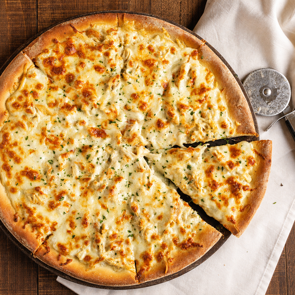 Garlic Chicken Alfredo Pizza.