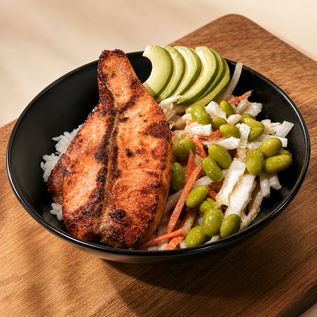 Cooked Seared Salmon Garlic Fried Rice Bowl.