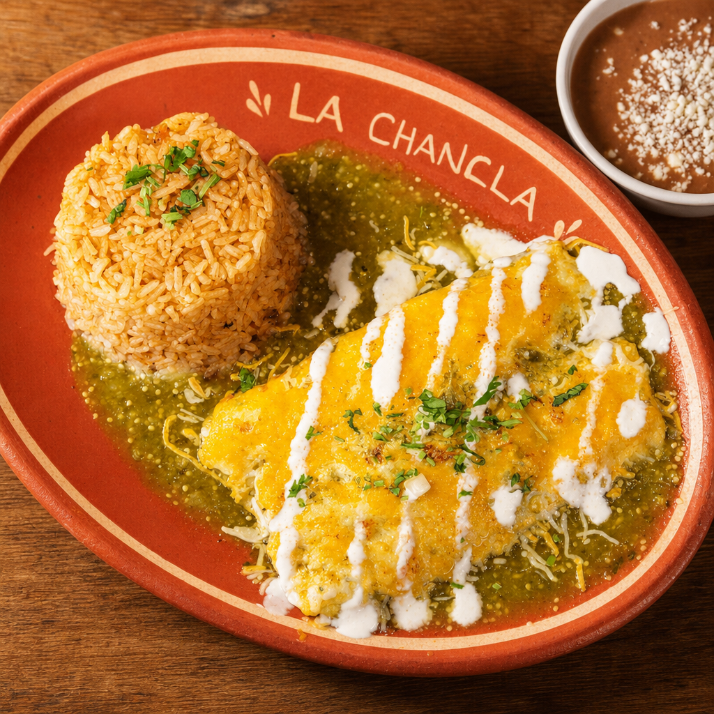 2 Enchiladas with Rice and Beans