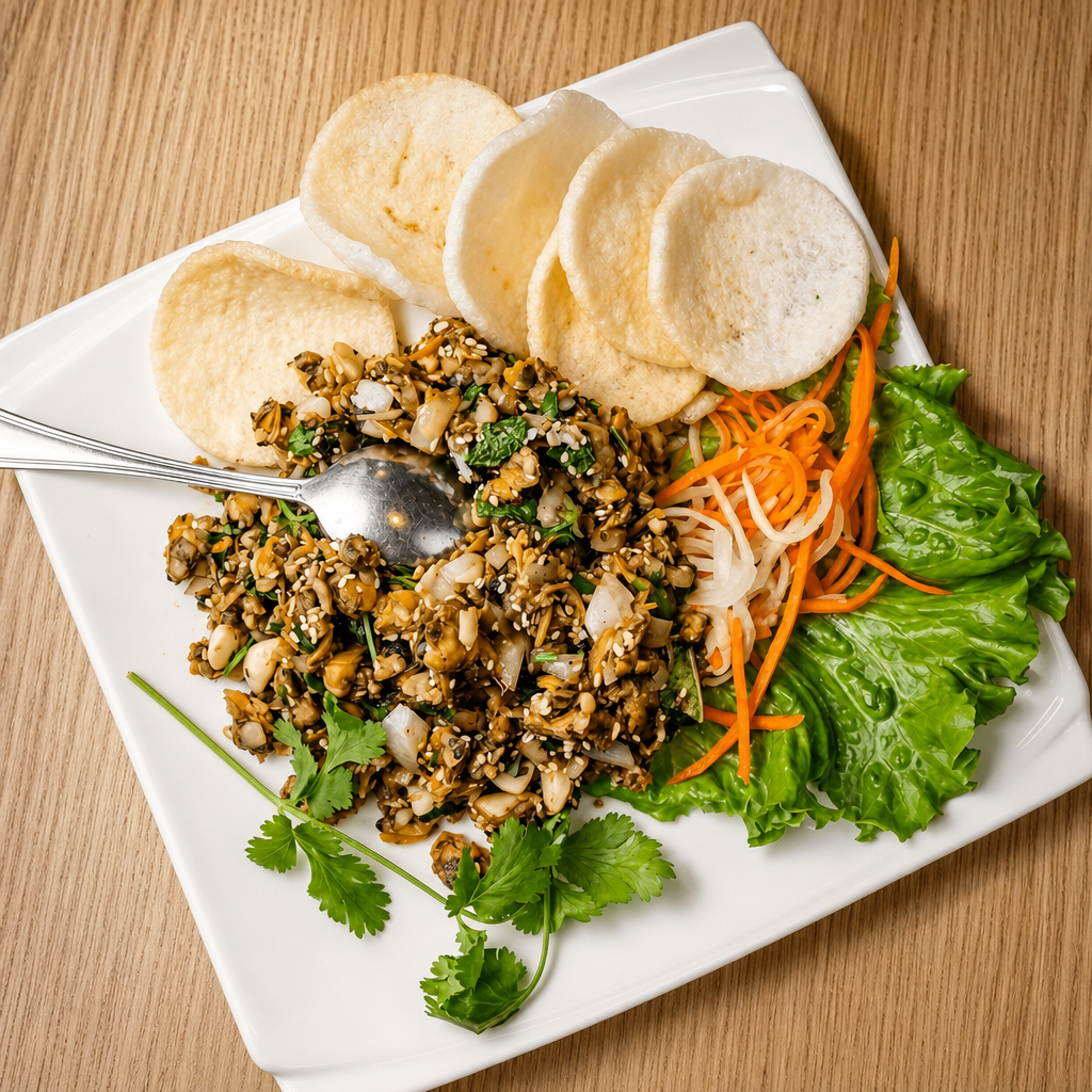 A5_ Wok-Tossed Clams Scooped with Shrimp Chips