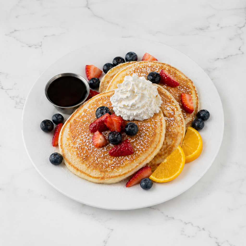 BUTTERMILK PANCAKES w/ MAPLE SYRUP.