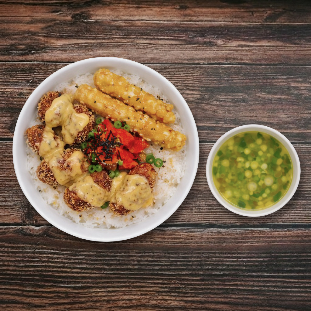 COMBO - Shrimp Tempura and Chicken Bowl.