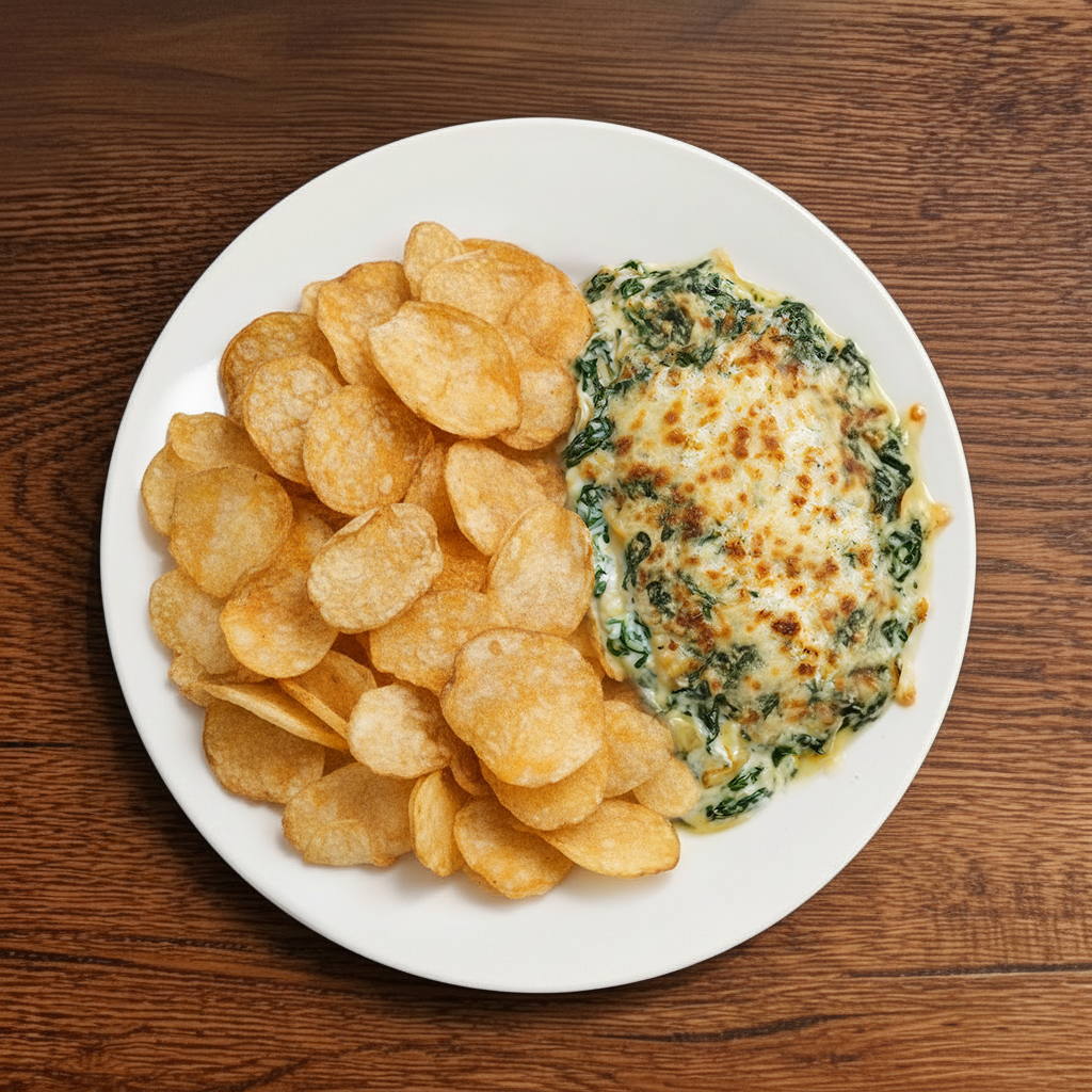 Spinach and Artichoke Dip and Chips.