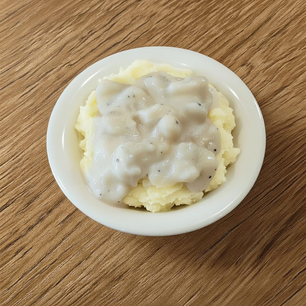 Mashed Po-Taters with White Gravy.