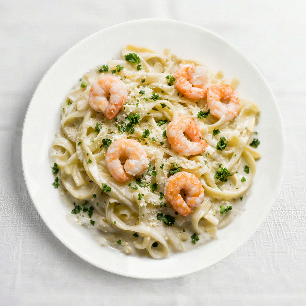 Shrimp Fettuccine Alfredo (L).
