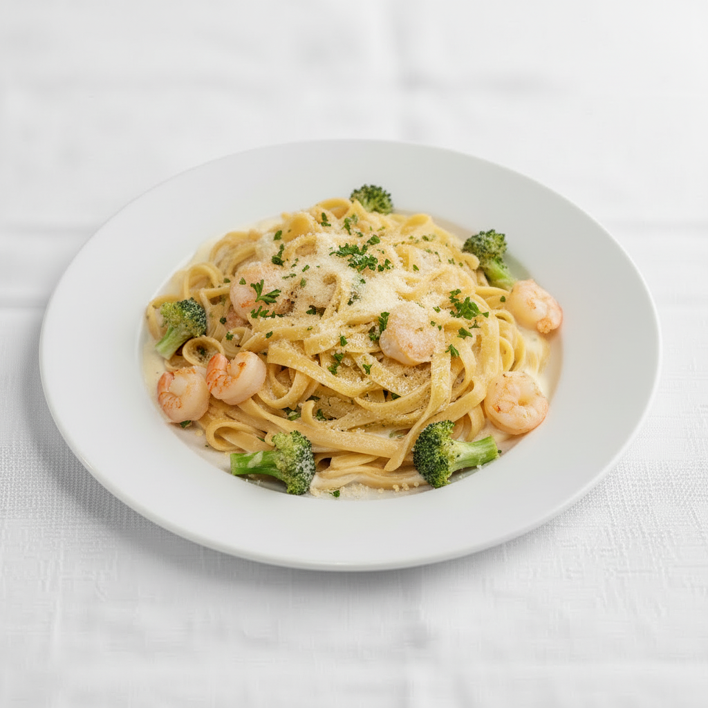 Shrimp & Broccoli Alfredo.
