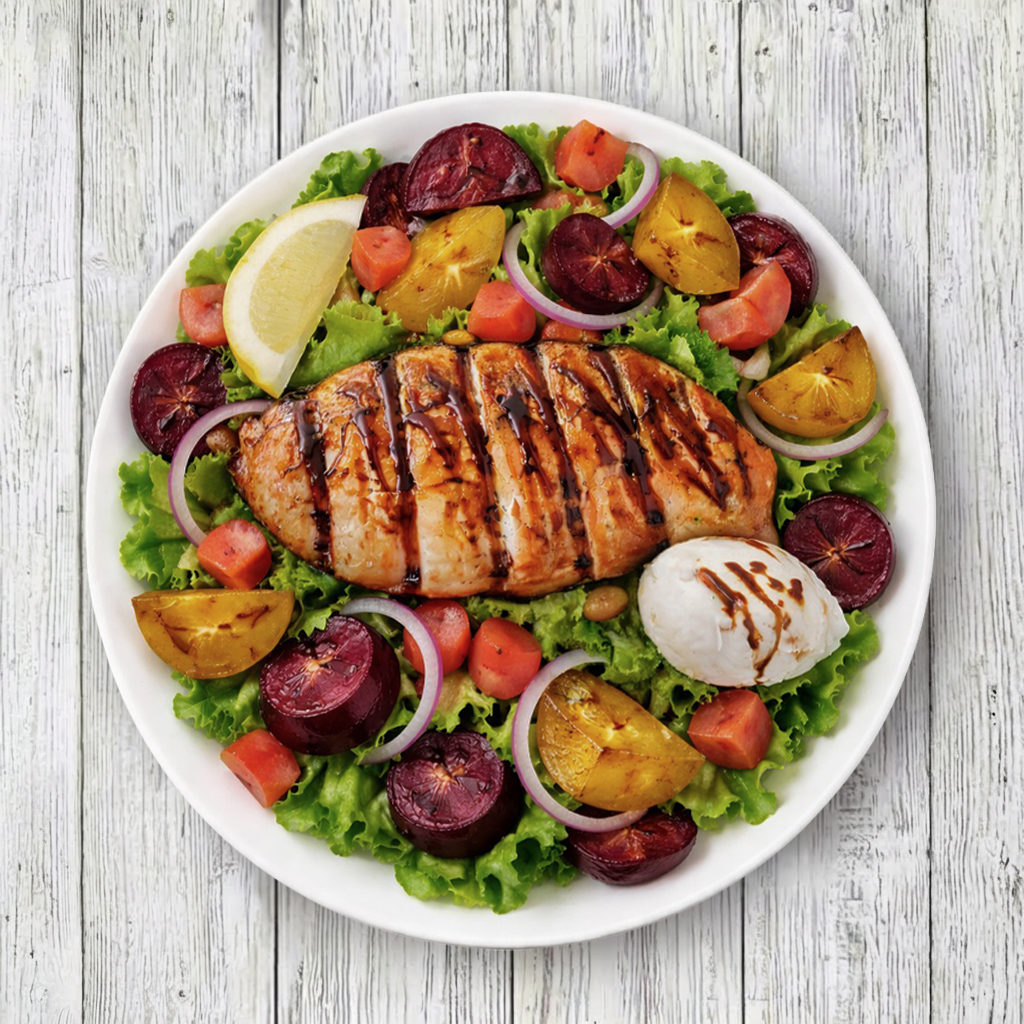 ROASTED BEAT & SALMON SALAD.