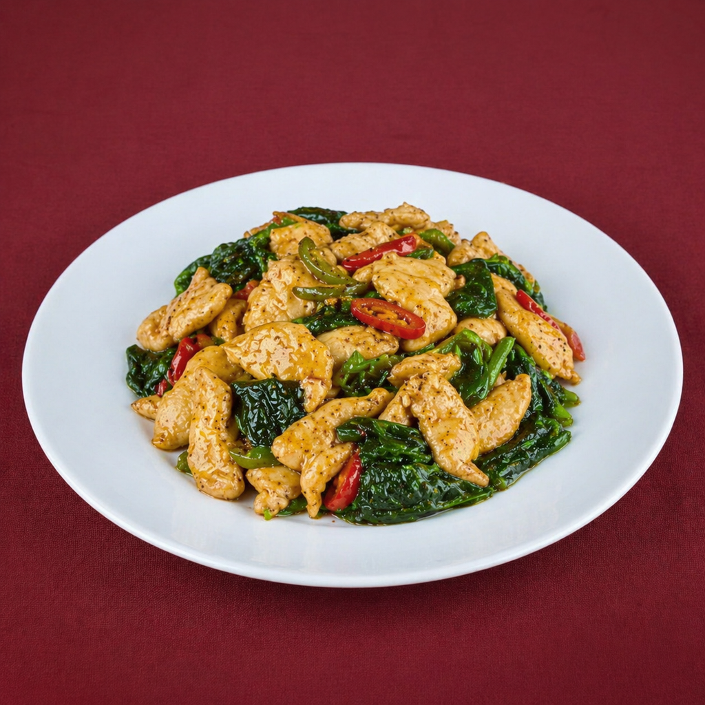 L29. Chicken with Hot Pepper & Crispy Spinach.