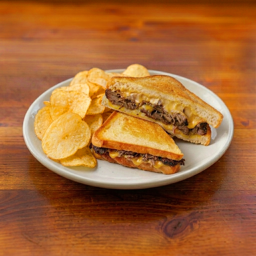 Brisket Grilled Cheese w/ Chips.
