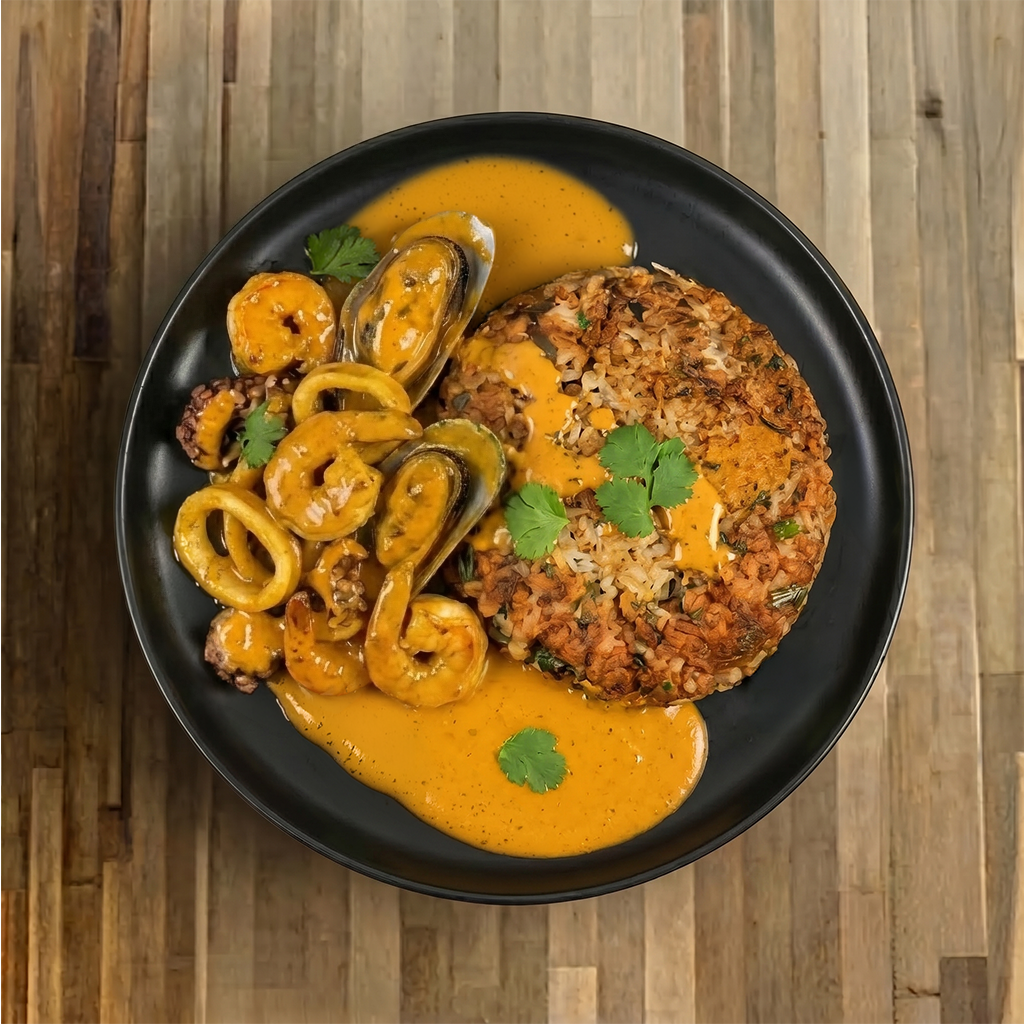 Tacu Tacu con Picante de Mariscos.