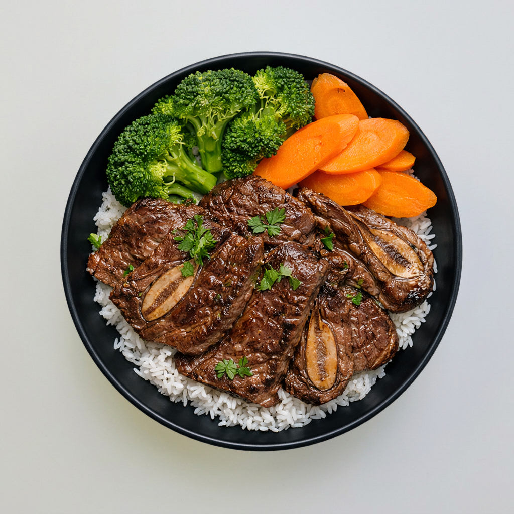 Grilled Korean Style Beef Short Rib Rice Bowl.