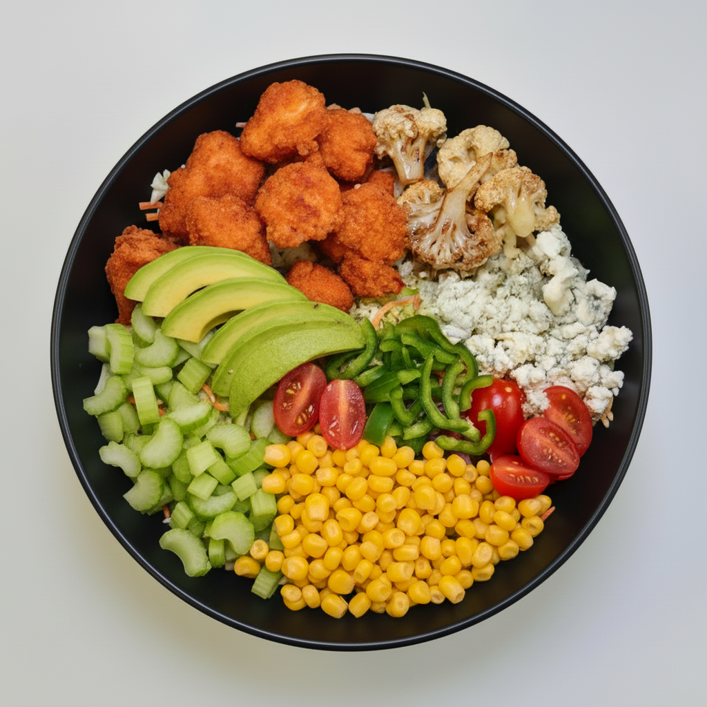 Spicy Buffalo Fried Chicken Fresh Green Bowl.