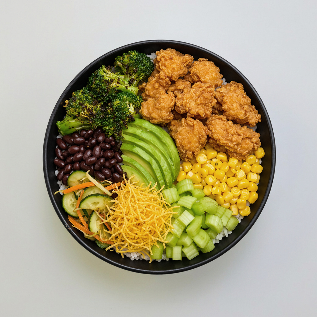Classic Crispy Fried Chicken Fresh Green Bowl.