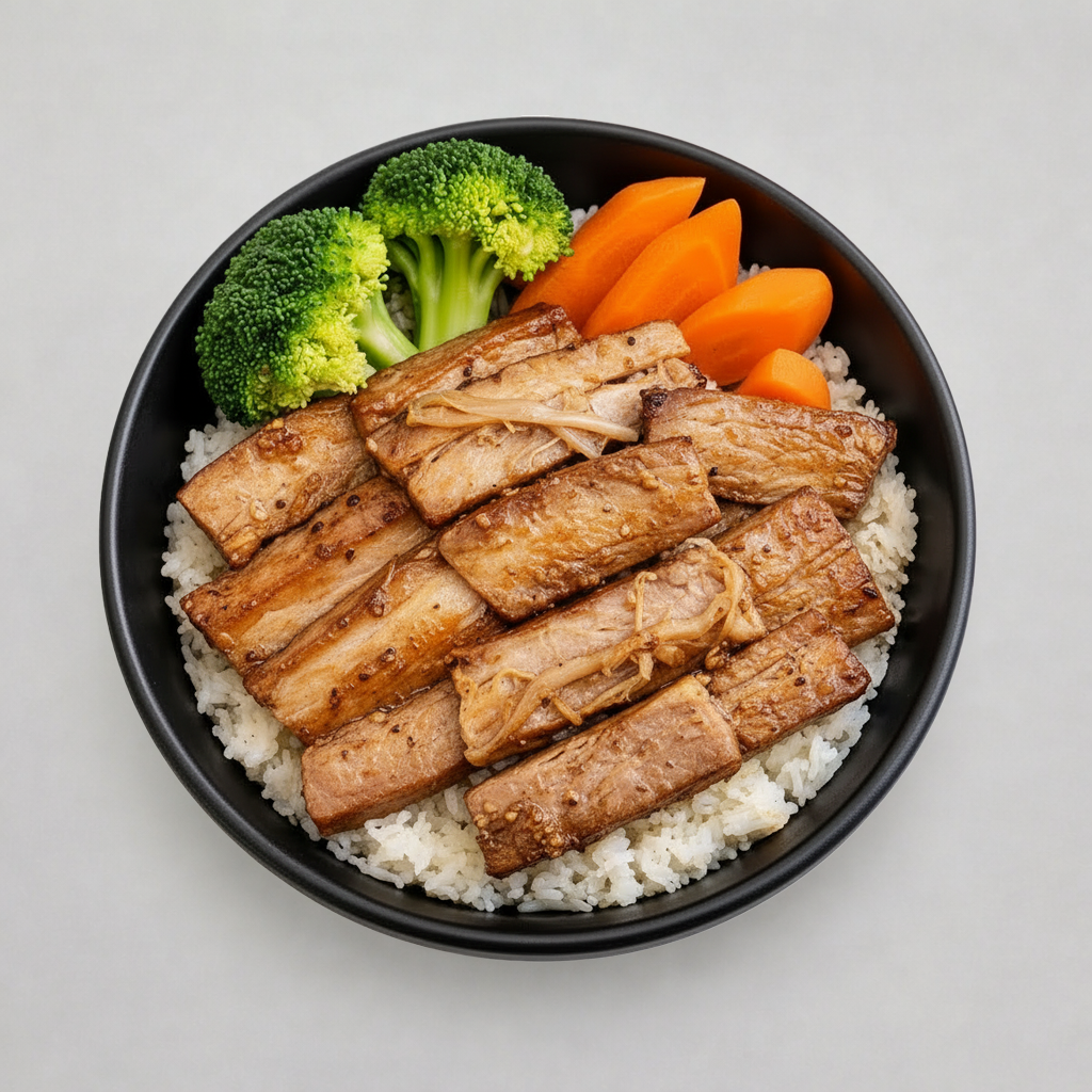 Grilled BBQ Chashu (Pork Belly) Rice Bowl.