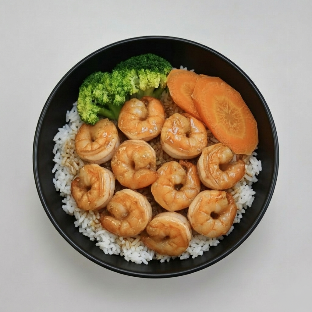 Grilled Teriyaki Shrimp Rice Bowl.