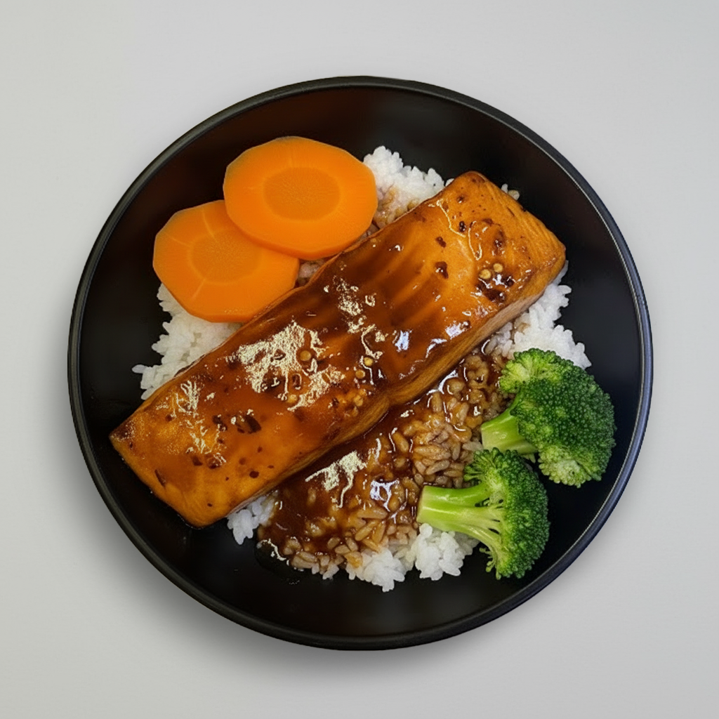 Grilled Teriyaki Salmon Rice Bowl.