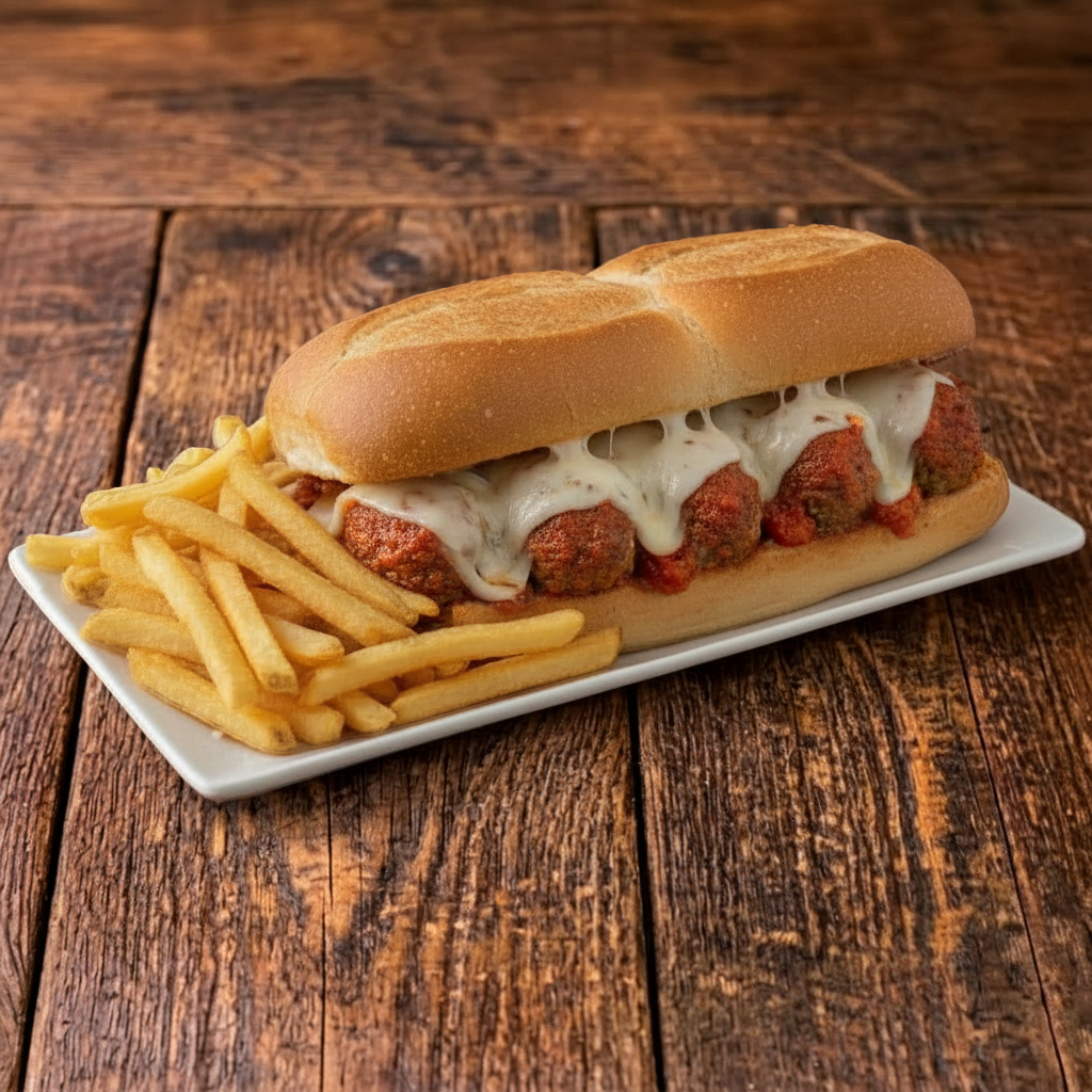 Large Meatball Sub With Fries.