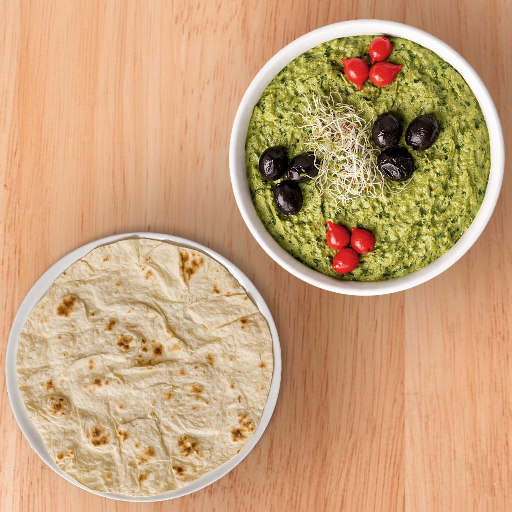 Green Humus with Lavash Bread - Vegan Gluten Free option.