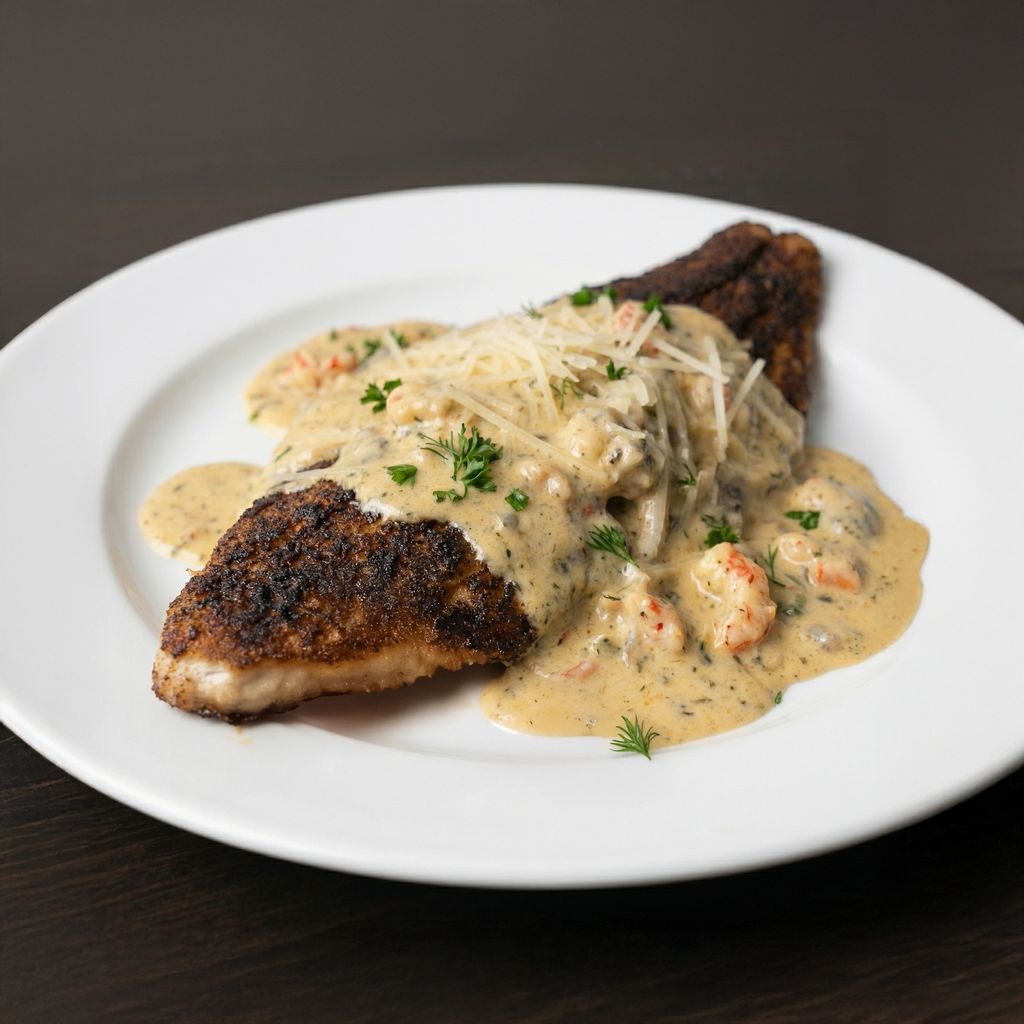 REDFISH WITH CRAWFISH CREAM SAUCE.