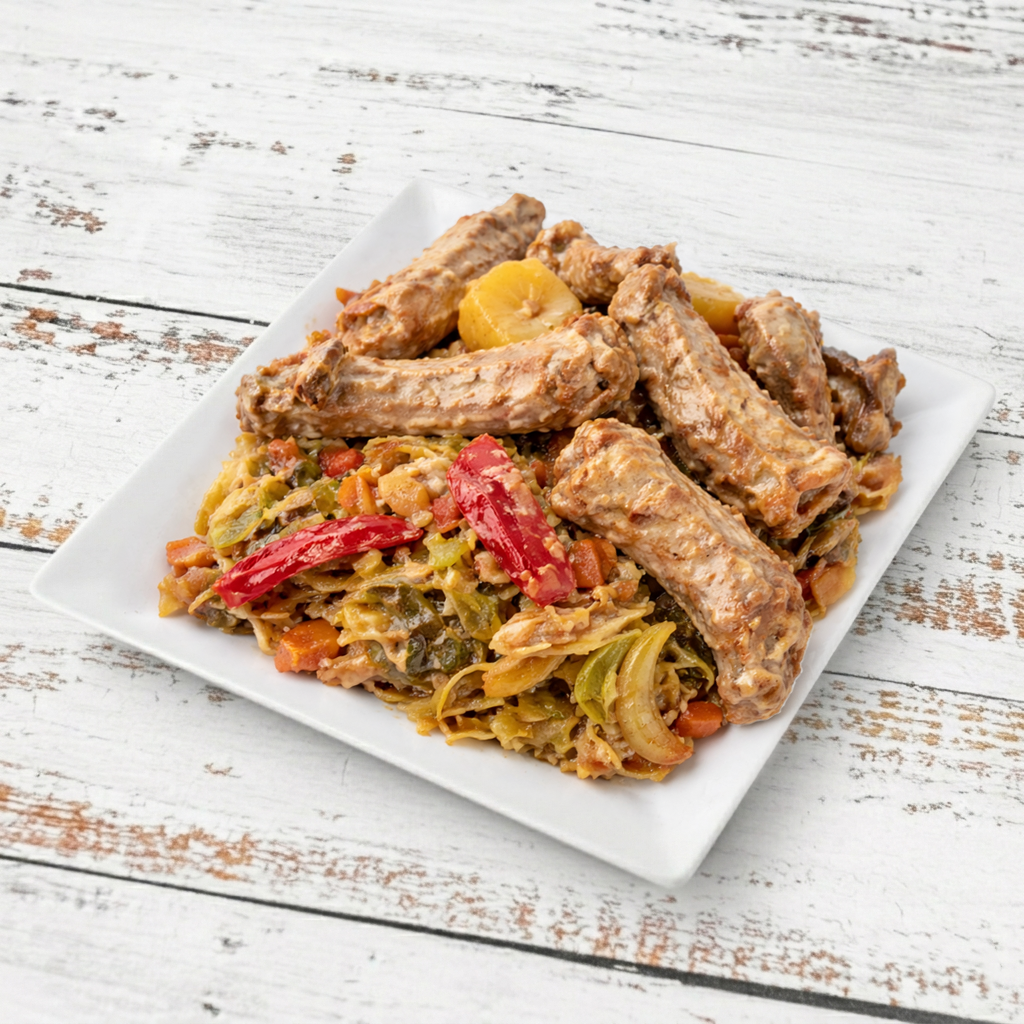 Menudo con Tajadas/Chicken Giblets with sliced green bananas.