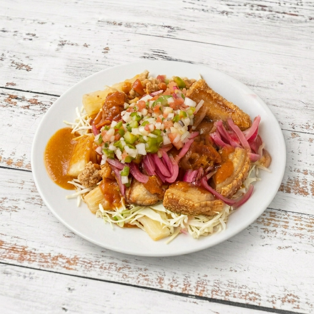 Chicarron Con Yuca/Pork Rind with cassava.