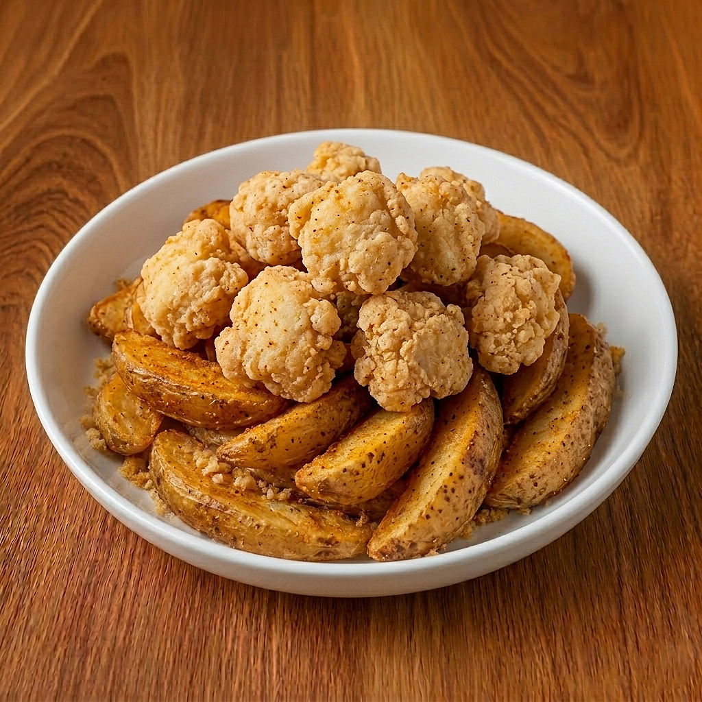 Popcorn Tofu and Jojos.