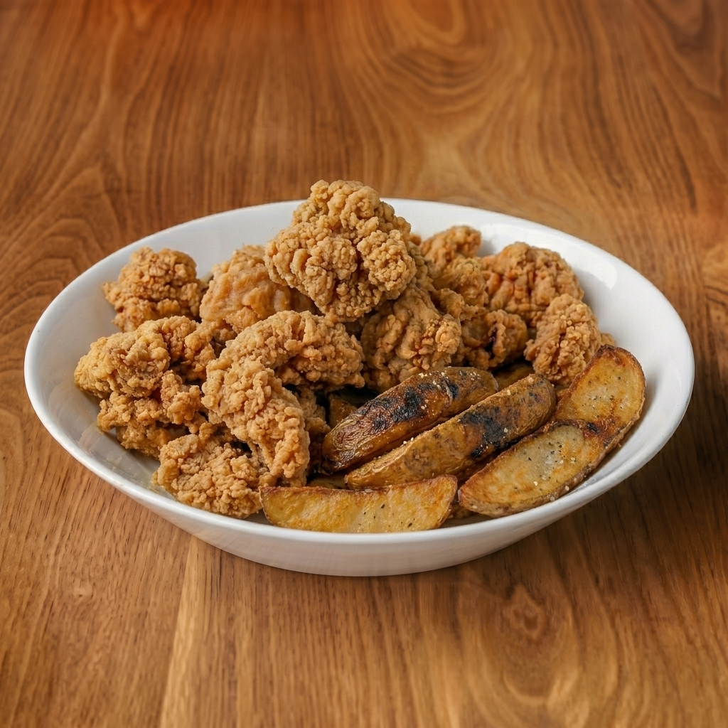Popcorn Chicken and Jojos.