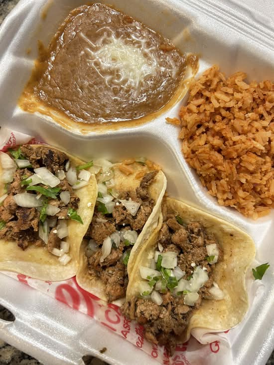 3 Chicken Habanero Tacos w/Rice & Beans.
