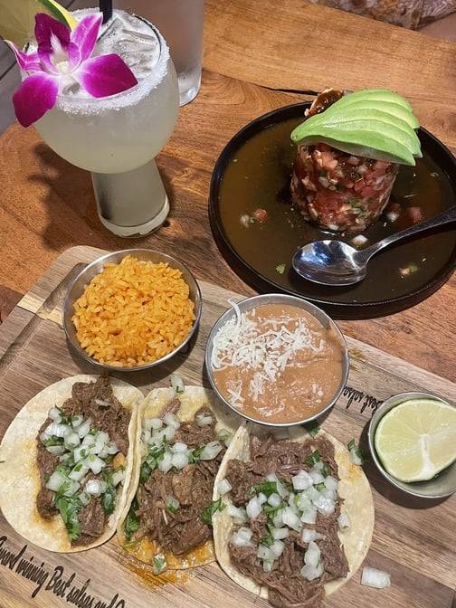 3 Birria Tacos w/Rice & Beans.