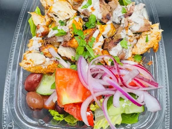 Chopped Lamb and Chicken Kabob Rice Bowl.