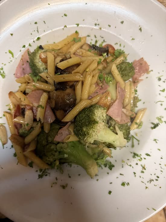 Ziti, Broccoli, Mushrooms, Ham - Dinner.