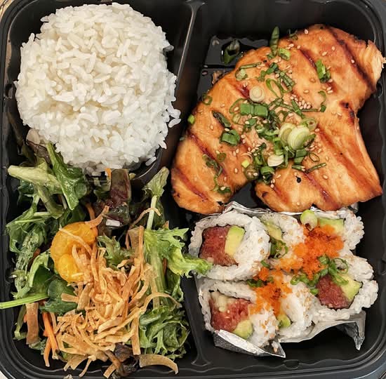 Teriyaki Salmon Combo with Sushi.