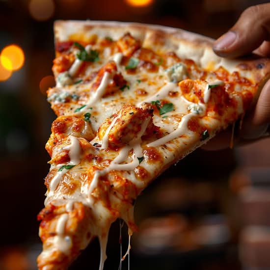 Chicken Broccoli Slice Pizza.