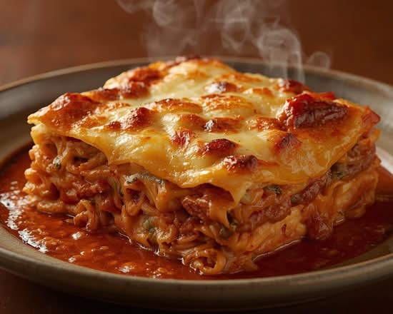 Homemade Meat Lasagna with Meatballs (3) & Fresh Garlic Bread.
