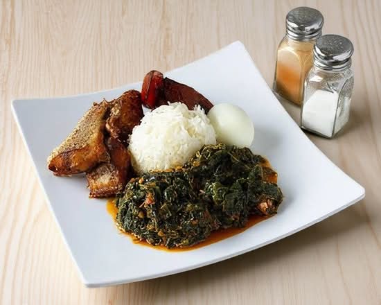 White Rice + Spinach + Goat (2) + Fish (1).