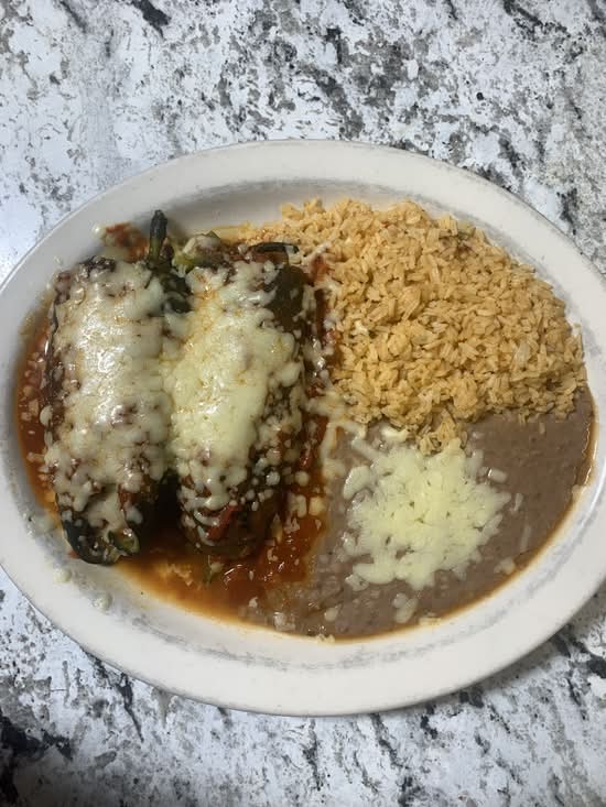 #13-Two Chiles Rellenos, Rice and Beans with Melted Cheese.