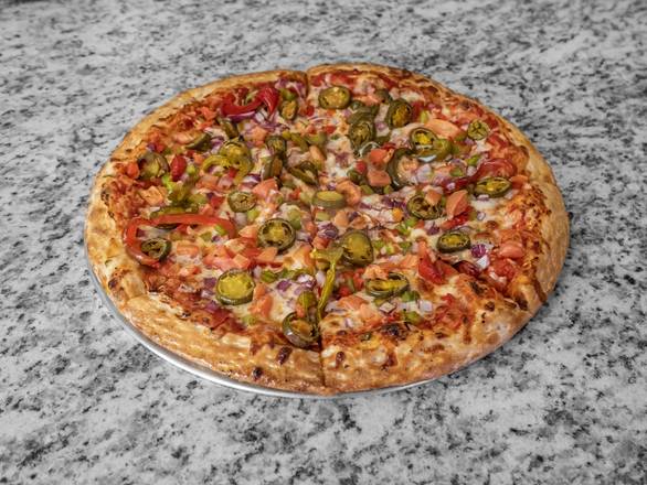 MEDIUM SPICY VEGGIE DELUXE PIZZA.