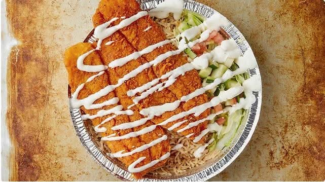 Fried Fish Over Rice Platter.